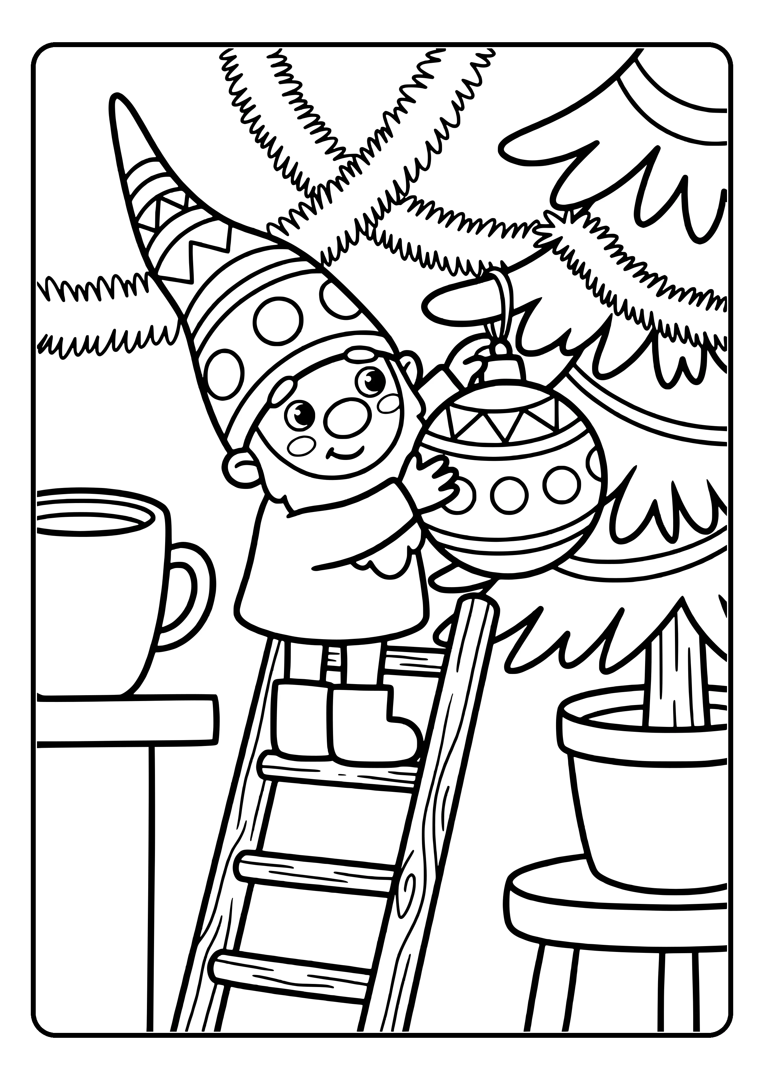A little elf on a ladder hangs a big ornament on a small fir tree while tinsel drapes over him – coloring page for the Elf Decorates the Tree elf idea.