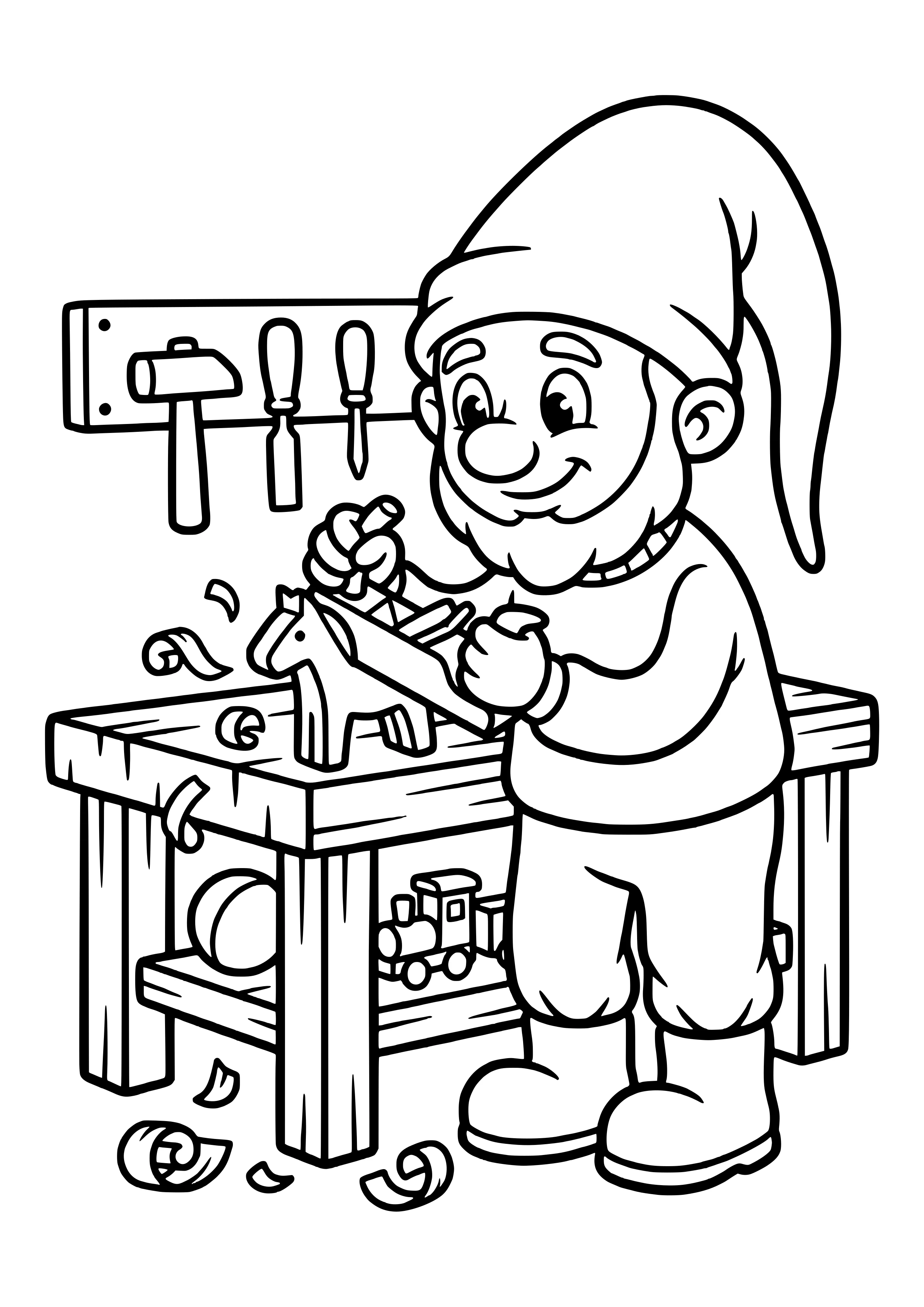 Coloring page of an elf at a workbench planing a wooden toy