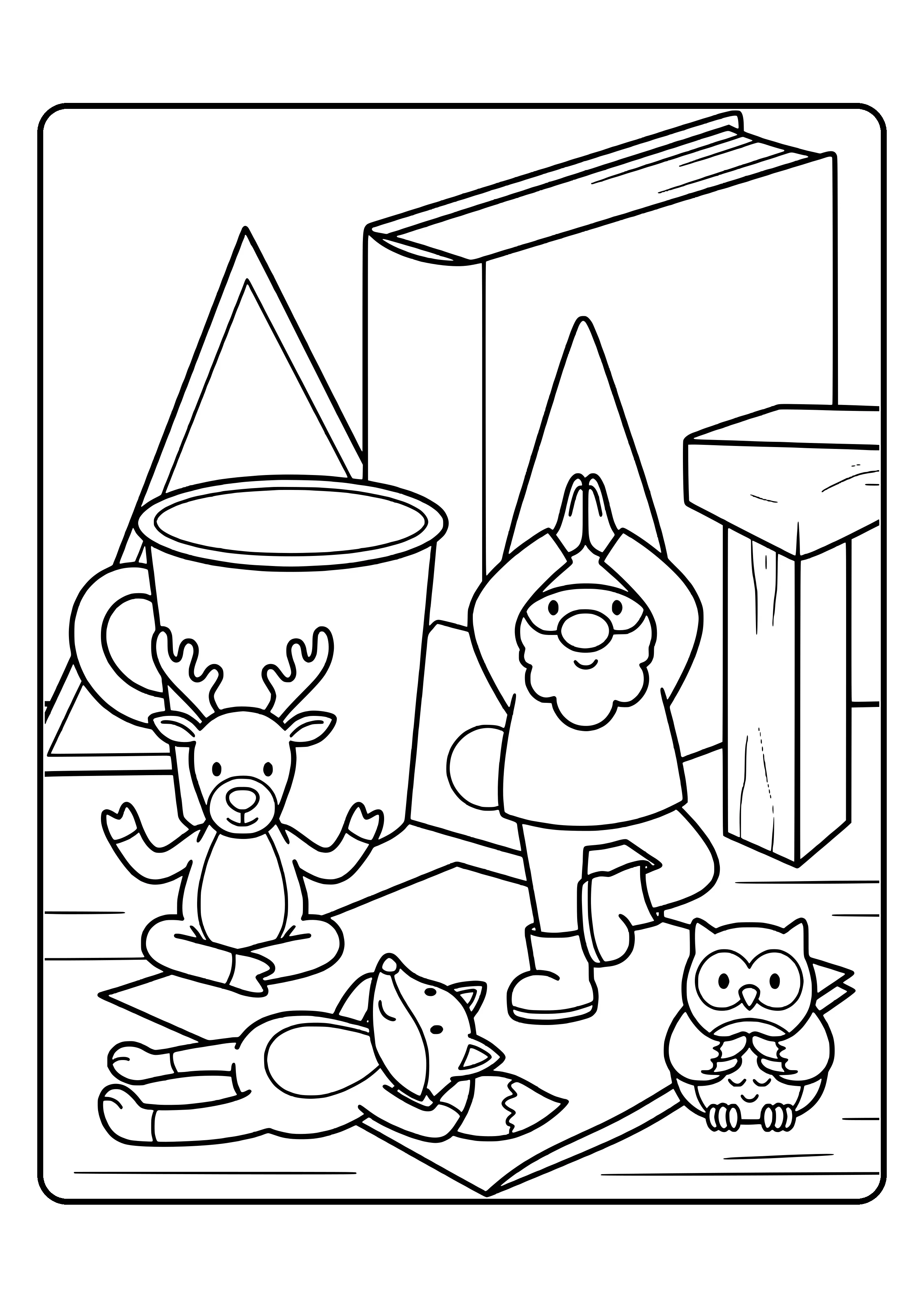Der Wichtel macht auf einer Serviette Yoga-Übungen, daneben machen Kuscheltiere mit – Ausmalbild zum Wichtelstreich Wichtel-Yoga.