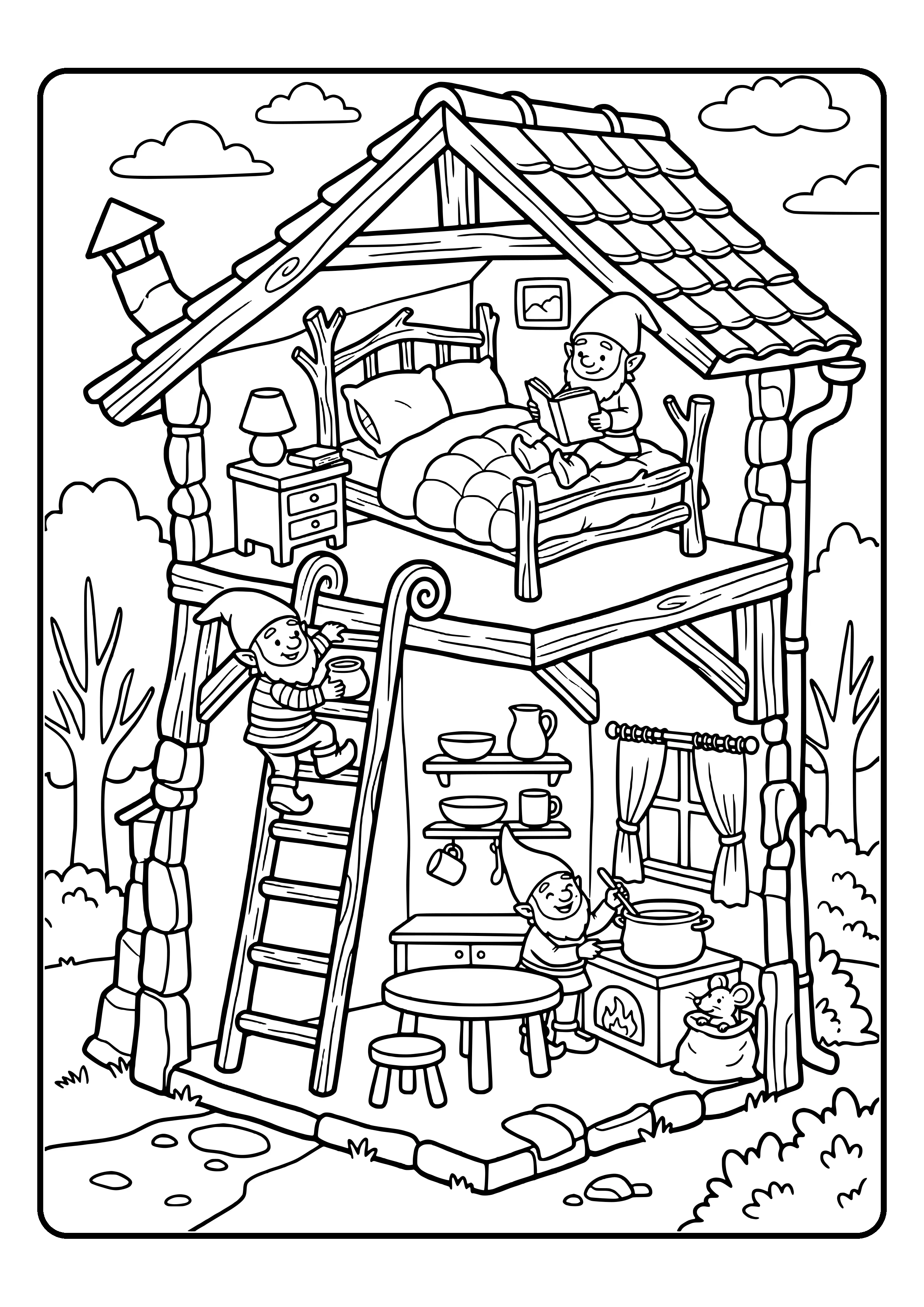 Ausmalbild eines Wichtelhauses im Querschnitt wie ein Puppenhaus mit Küche, Bett und Leiter
