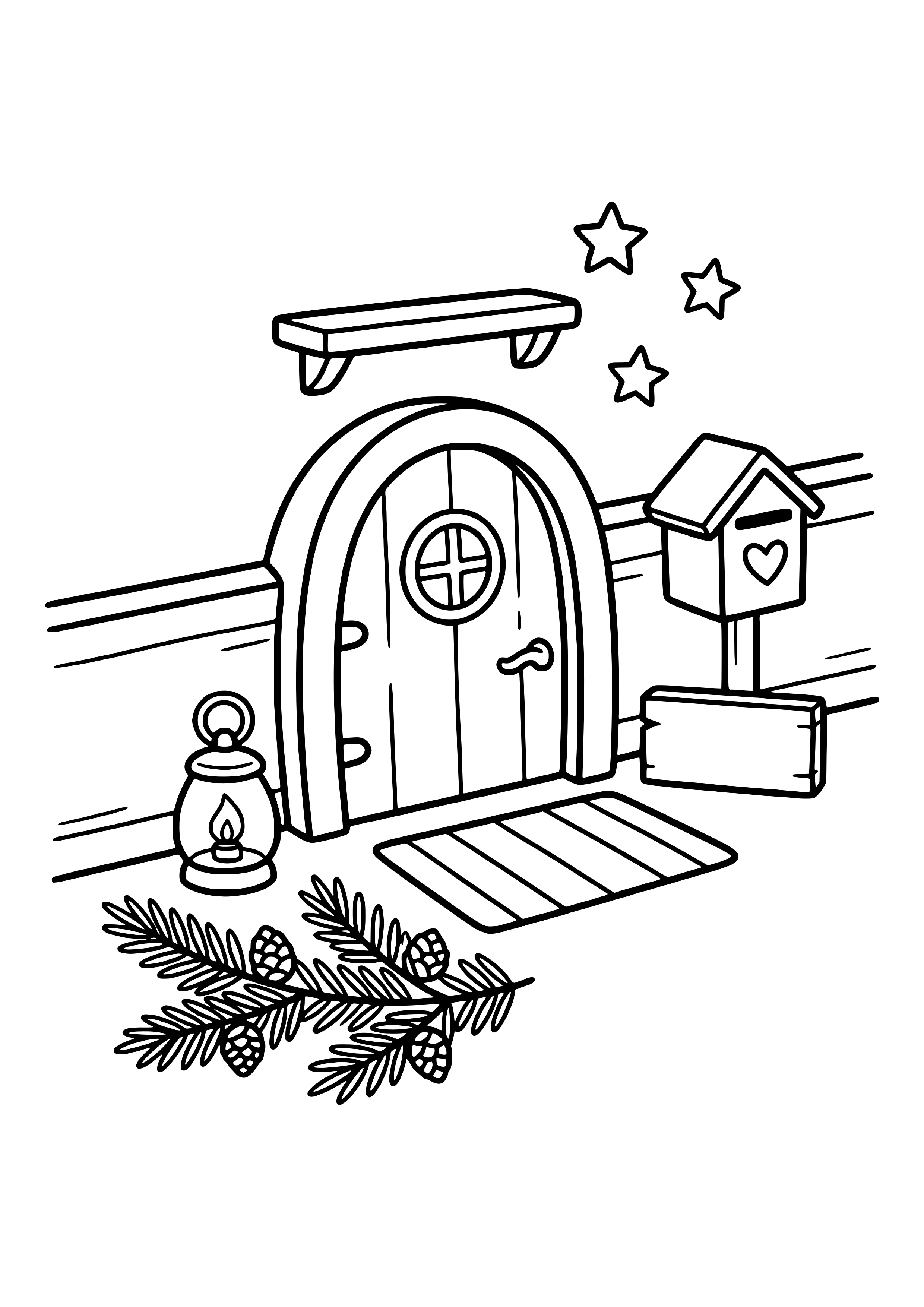 Coloring page of a small elf door with a window, a mini mailbox next to it, and a little sign